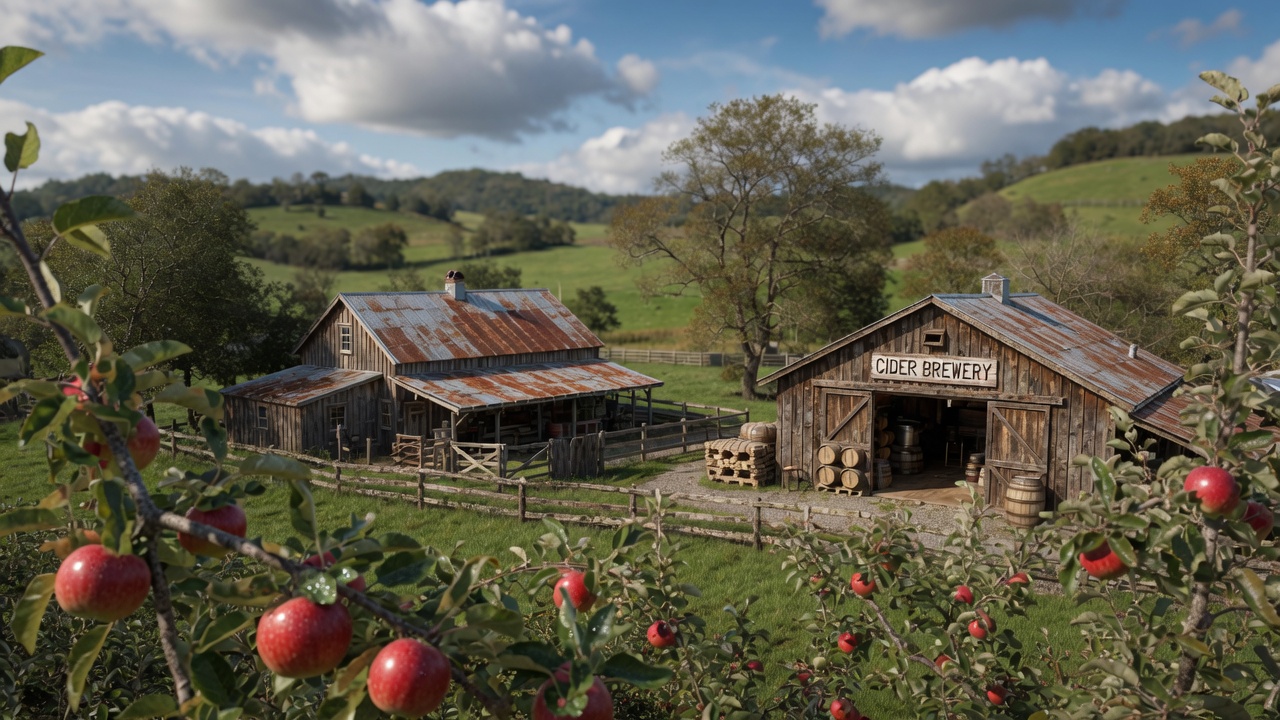 The Dickens family orchard and cider brewery, surrounded by apple trees and rolling hills.