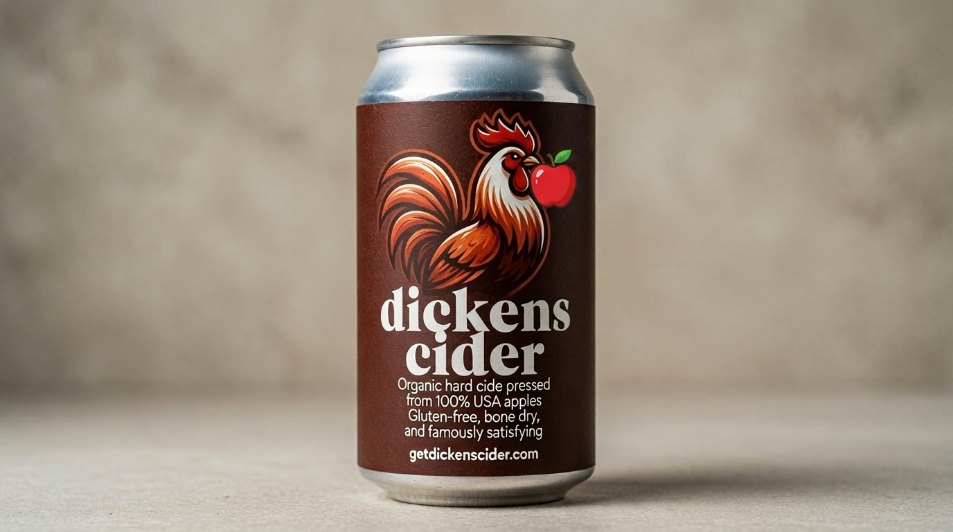 Can of Dickens Cider — The Ultra Dry, featuring a rooster holding an apple