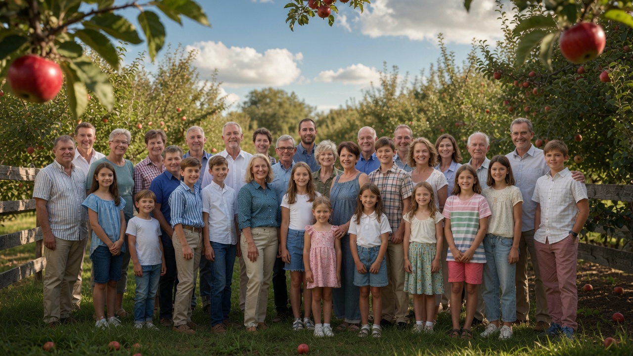 The Dickens family in their apple orchard